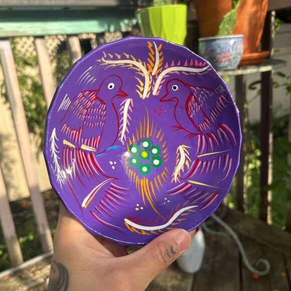 Talavera Mexican Pottery Salsa Bowl Footed Hand Painted Trinket Red Purple Birds - Picture 11 of 16